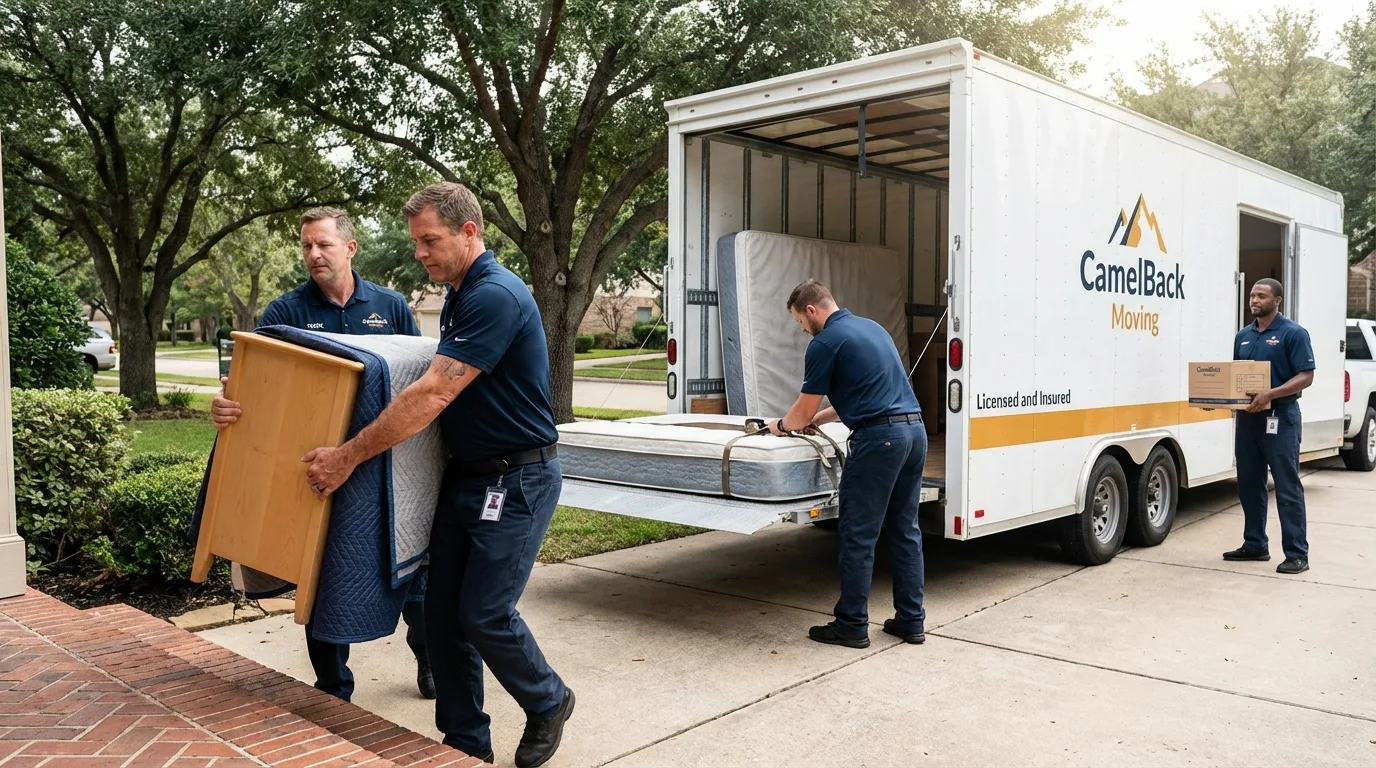 Crew loading residential truck for cross-state move from Huntington, TX