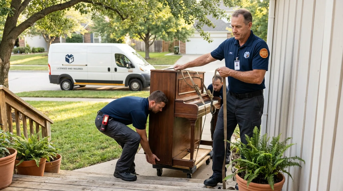 Licensed piano movers securing grand piano in Huntington, TX