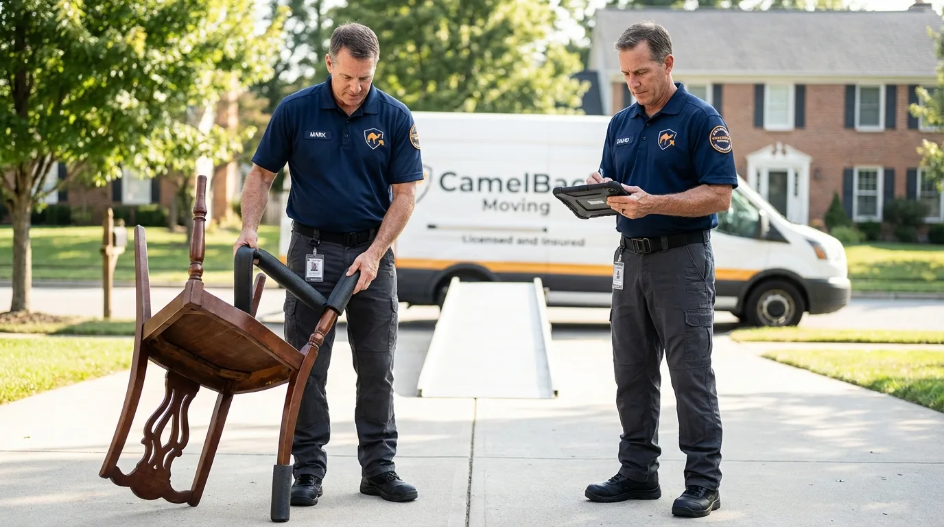 Movers inspecting furniture for damage prevention before loading in Huntington, TX