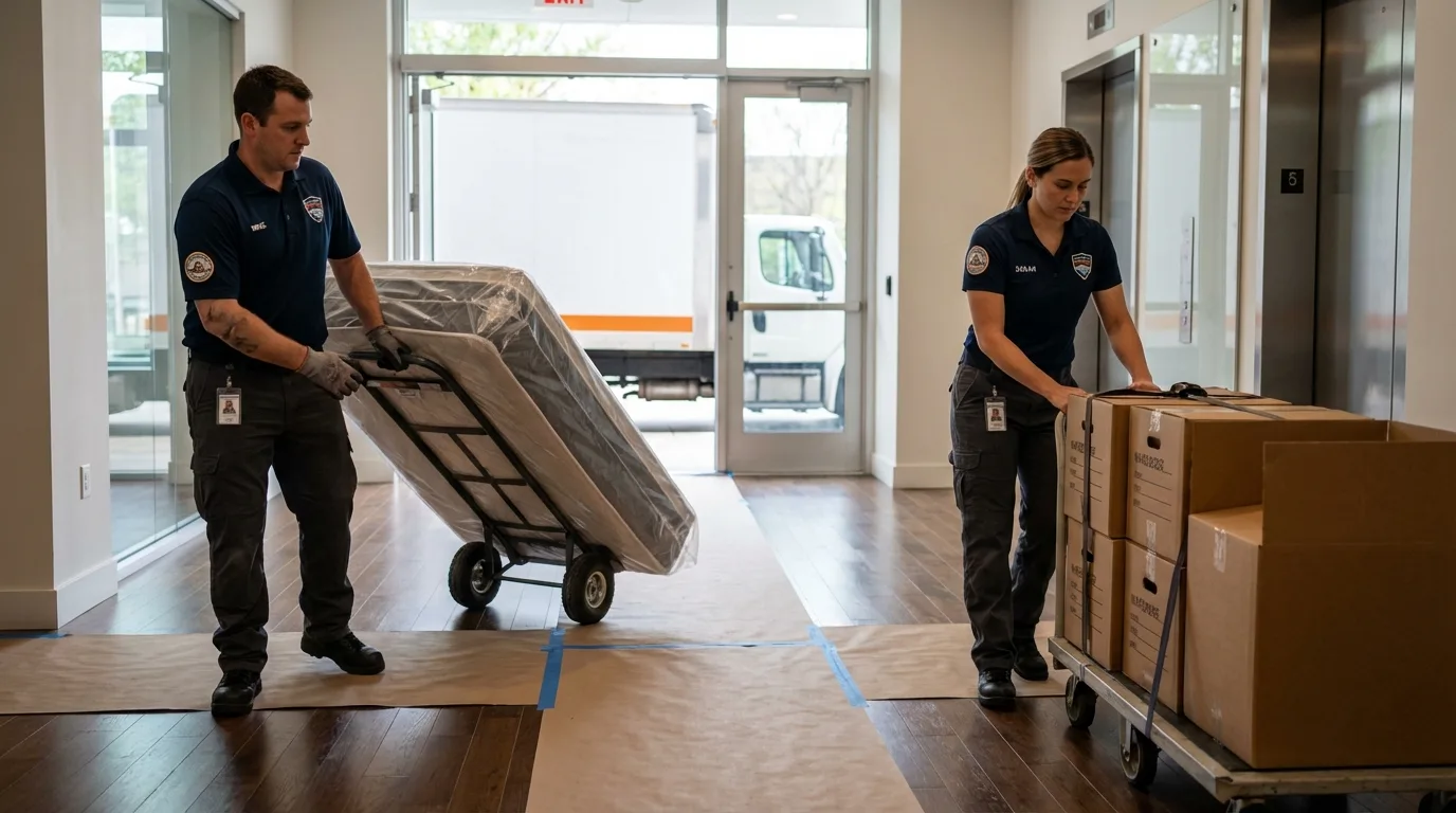 Professional apartment movers loading elevator in Huntington, TX