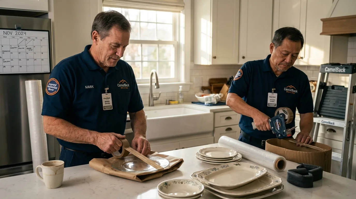 Professional crew packing kitchen dishware in Huntington, TX